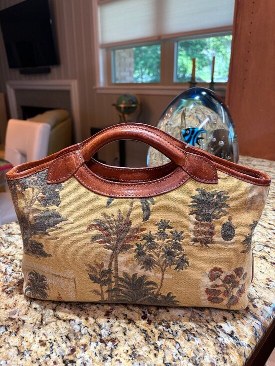Tommy Bahama Handbags - Tommy Bahama Vintage Beige Tropical Tapestry Satchel with Brown Leather Trim EUC